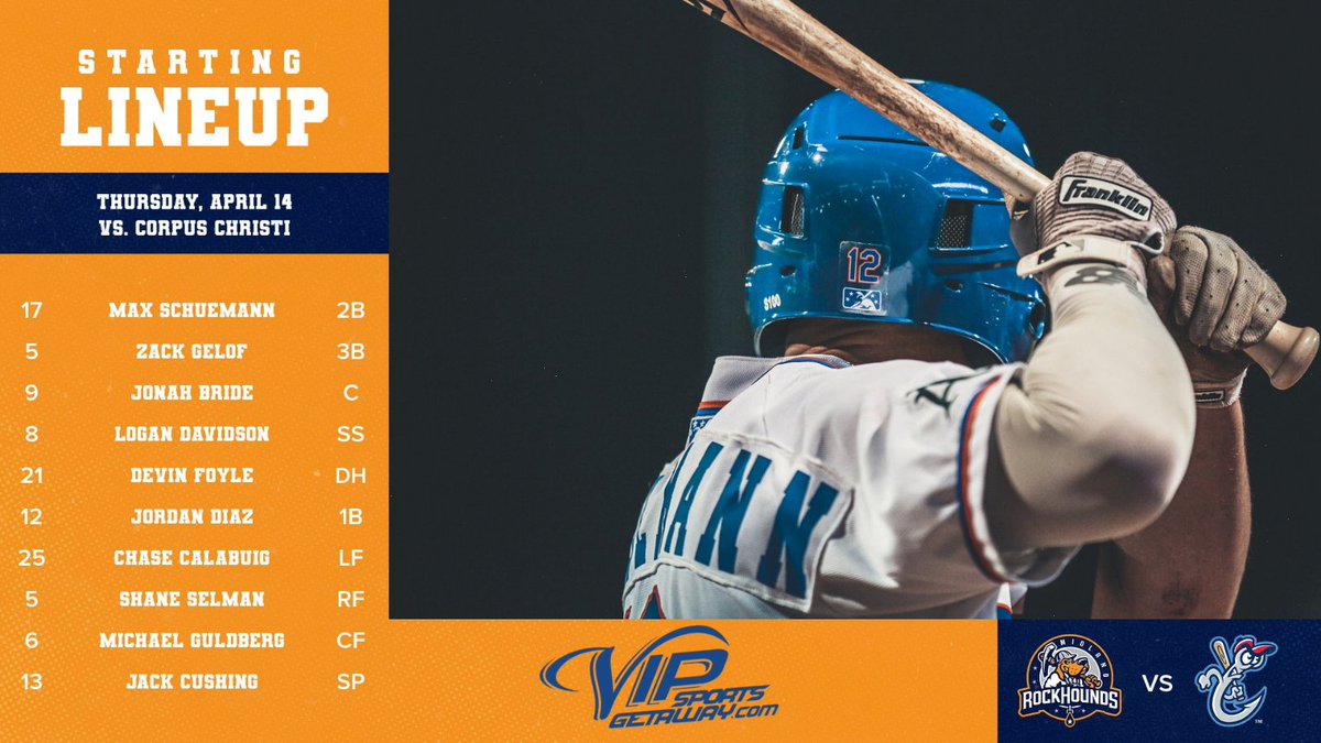 RockHounds's tweet photo. Take a look at tonight's starting lineup presented by @VipSports 

🆚 Corpus Christi Hooks
⏱ 7:00 PM
📺 https://t.co/xar8VvswtZ
🎙https://t.co/bAAmpTLuAh https://t.co/4j7NVWyR0w