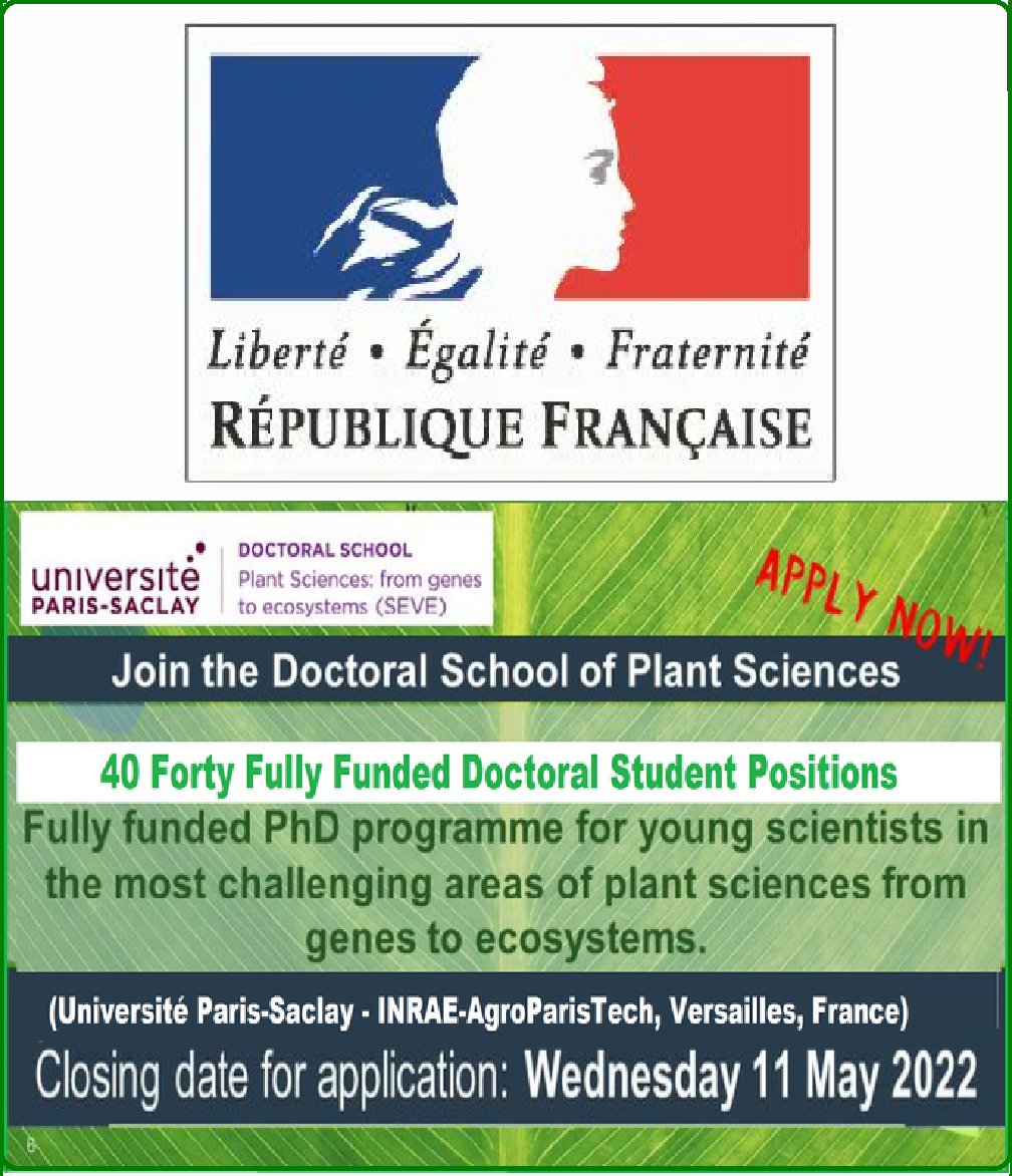 📌 40 Fourty Fully Funded PhD Positions in Plant Sciences, Agriculture, Food, Environment and Biology🌱🧬🦠 at University of Paris-Saclay in France🇫🇷 ... Please Retweet and spread the word! For details visit the link below👉 wp.me/pbv48T-2nx