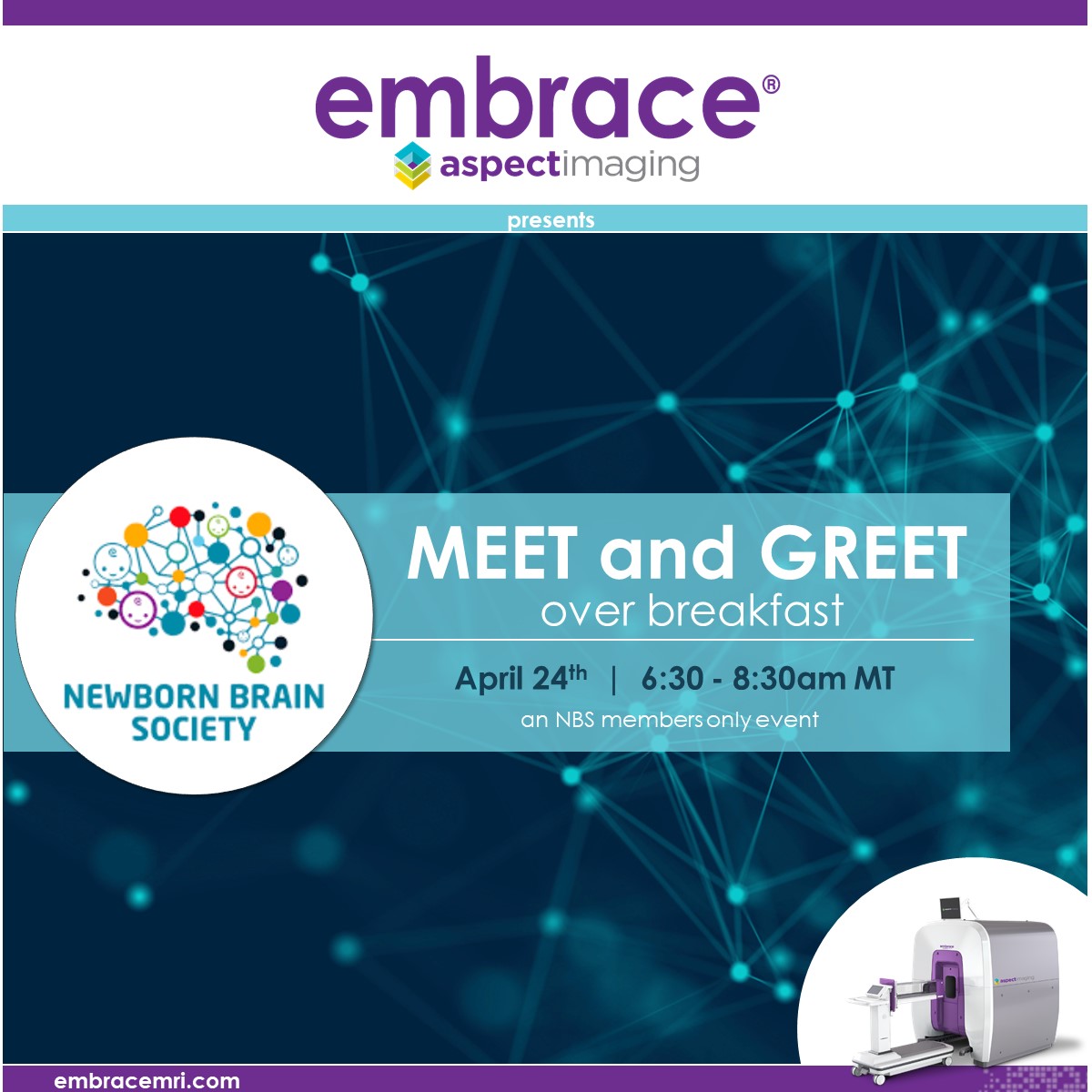 Attention Newborn Brain Society Members! Aspect Imaging is proud to sponsor the members only Meet and Greet over Breakfast, April 24th at PAS 2022, with a special honorary award ceremony for Dr. Donna Ferriero. RSVP: ow.ly/MGP050IKclU  #PAS2022  #NBSatPAS