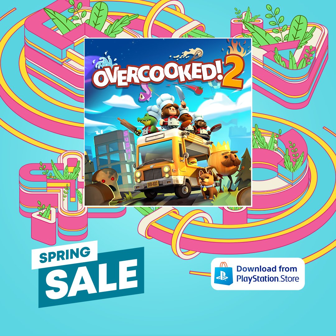 pictured is the art for overcooked 2. 4 chefs are riding a school bus and surrounded by mouldy bread zombies. titled is the playstation spring sale.