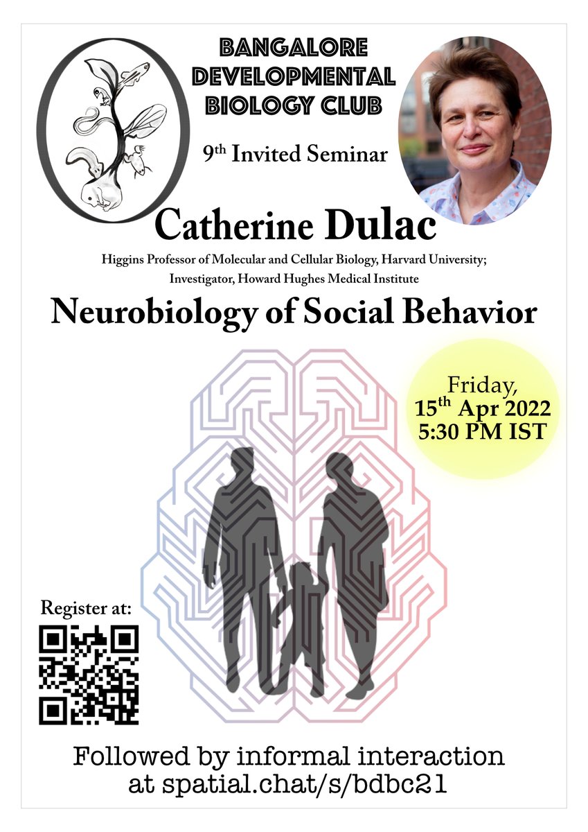 April greetings everyone! We're thrilled to have Catherine Dulac give this month's seminar. @DulacLab works on the neural basis of social behaviours. Tomorrow she's going to be talking about brain regions that regulate parental behaviour in males and females. Sign up👇🏾!