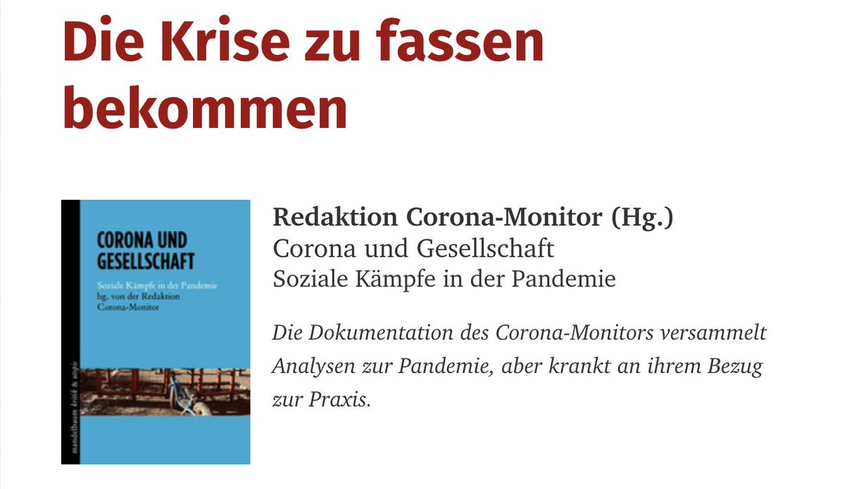 corona_monitor's tweet photo. In der neuen @kritischlesen findet sich auch eine Rezension unseres Sammelbandes "Corona und Gesellschaft"

Thore Freitag stellt die eingreifende Reflexion des Bandes inmitten der Pandemie heraus. Ihm fehlt ein konkreterer Fokus auf soziale Kämpfe.
 
https://t.co/ywnmcKzFCd https://t.co/TRtKMOORHC