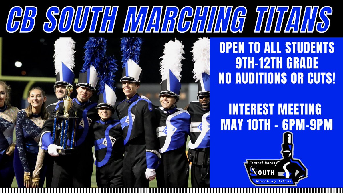 CB South Bands (@cbsouthbands) on Twitter photo We start May 10th! Come check out what the Marching Titans are all about. Students and parents are welcomed to attend! <a href="/CBSouthHS/">CB South</a> <a href="/CBUnamiMS/">Unami Middle School</a> <a href="/CBTamanendMS/">Tamanend MS</a> @CBSDUnamiMusic <a href="/TamanendMusic/">Tamanend Middle School Music Department</a> We start May 10th! Come check out what the Marching Titans are all about. Students and parents are welcomed to attend! <a href="/CBSouthHS/">CB South</a> <a href="/CBUnamiMS/">Unami Middle School</a> <a href="/CBTamanendMS/">Tamanend MS</a> @CBSDUnamiMusic <a href="/TamanendMusic/">Tamanend Middle School Music Department</a>