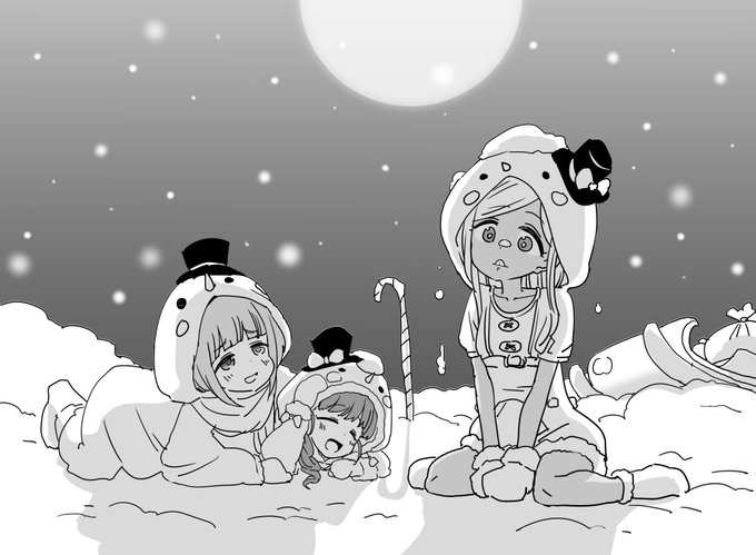 ファンボックスに『舞ちゃんの乗ったソリを引くすのーまんず』リクエストが来たので、ソリがひっくり返ったところを描きました、すのーまんずは福山舞・喜多見柚・ライラさんの雪だるま衣装ユニット 