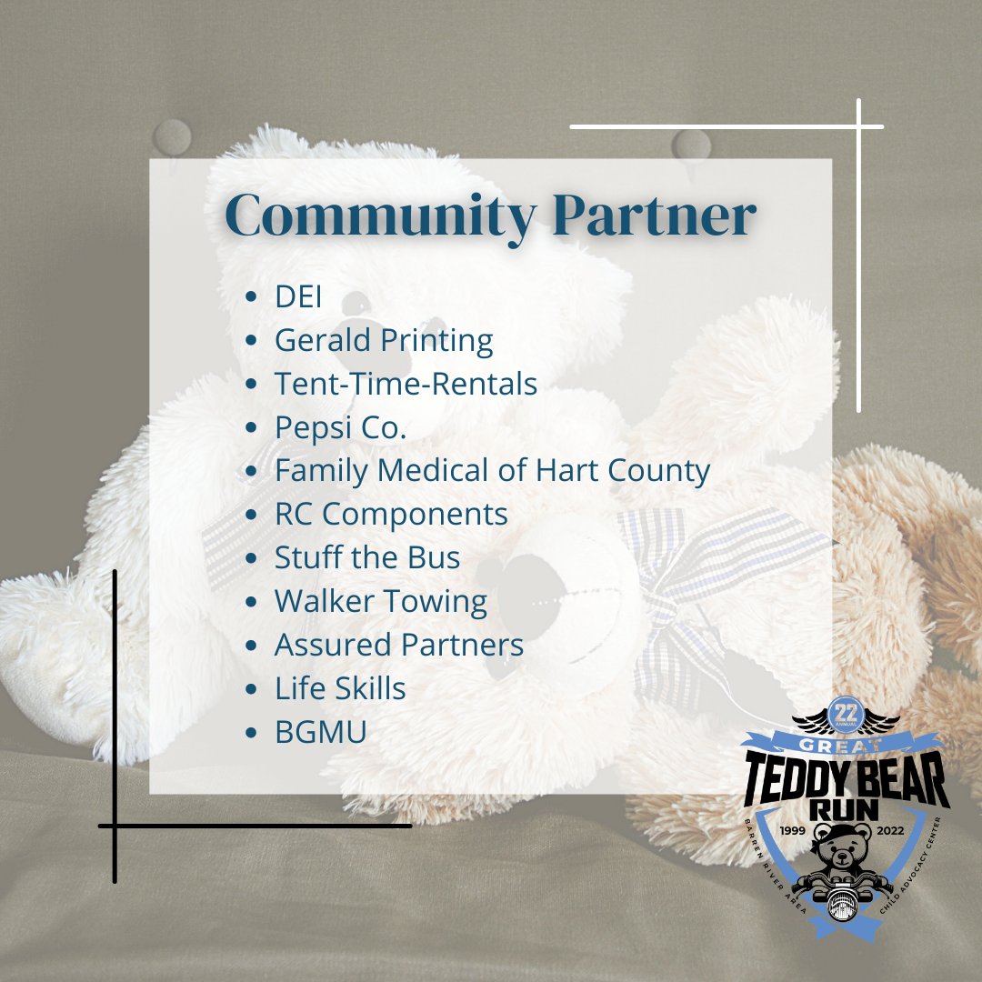 childadvocacyct's tweet photo. π»π»We are so thankful for our sponsors for the Great Teddy Bear Run! Your commitment to the children and families in our community is amazing! Thank you for supporting the Great Teddy Bear Run. π»π»
#BRACAC
#GTBR22
#KeepKidsSafe https://t.co/BlFn9yiSMI