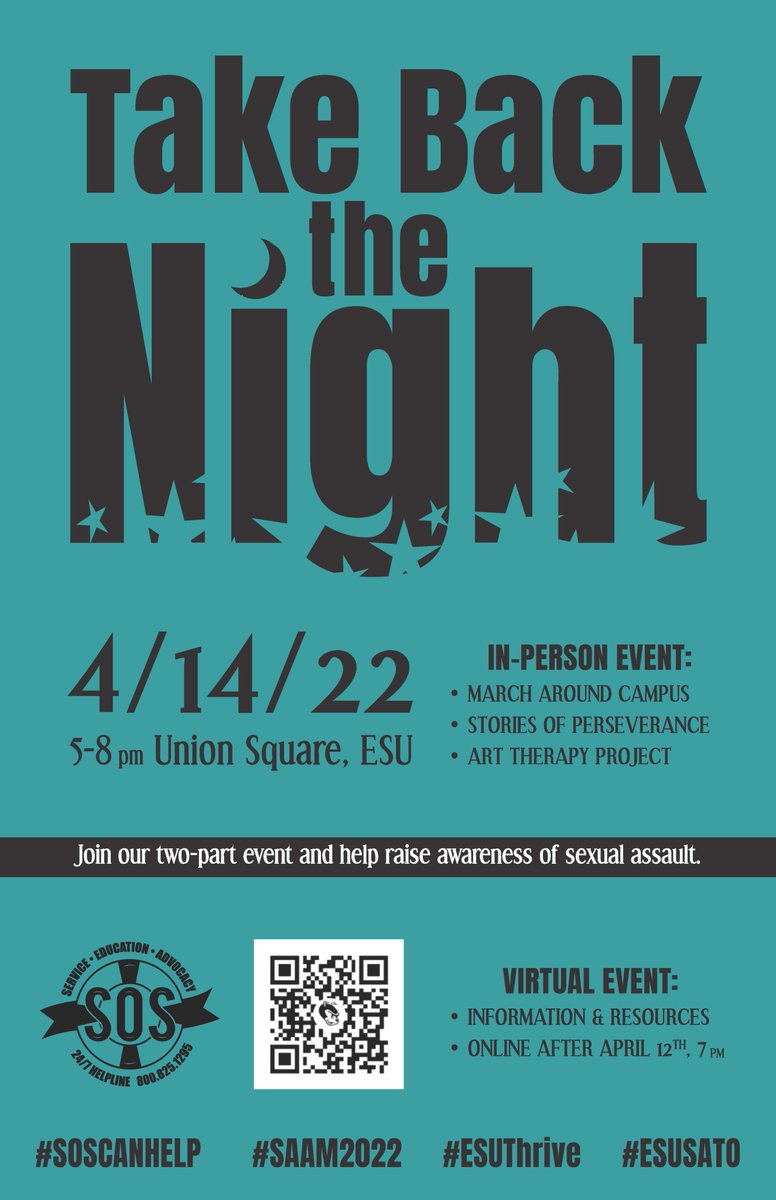 Today we Take Back The Night! Please join us at 5 pm at ESU Union Square as we march, hear survivor stories, and participate in an art therapy project. You can also watch our virtual presentation: youtube.com/watch?v=t8NgSL… or scan the QR code. Please join us!