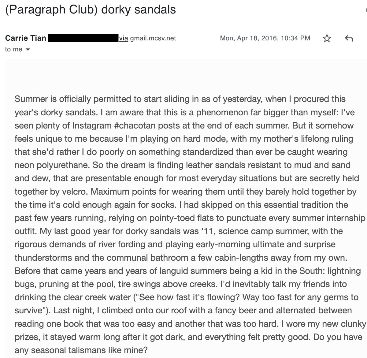 I totally forgot about Paragraph Club until <a href="/AmyWeissMeyer/">Amy Weiss-Meyer</a> reminded me! We used to send a few loving sentences every week. here's mine from 6 years ago❤️