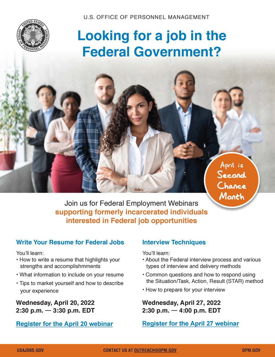 JustLeadersUSA's tweet photo. JLUSA has partnered with @USOPM for #SecondChanceMonth webinars! Register below:

4/20 Resume writing for federal jobs: https://t.co/7X7YoE5TAr

4/27 Federal interview techniques: https://t.co/TK9yUCUxeO https://t.co/TWnuzahH9h