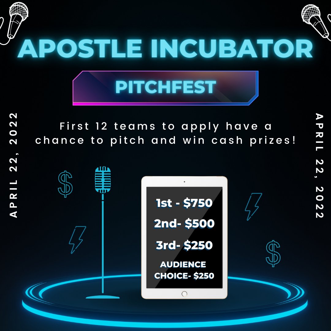 Here's another opportunity to win cash prizes for your business idea or startup! We welcome EVERYONE (community &amp; students) to apply to pitch and compete in the Apostle Incubator PitchFest. This event will be in-person.

Apply here- forms.gle/GcCvzrHa1jnet2…
