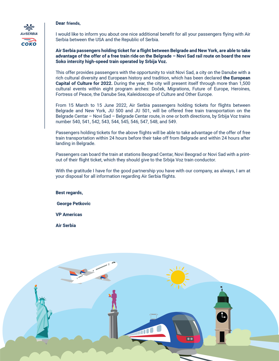 If you have an <a href="/airserbia/">Air Serbia</a>  ticket for a flight between #Belgrade and #NewYork, take advantage of the offer of a free train ride on the #Belgrade – #NoviSad  rail route on board the new Soko intercity high-speed train operated by <a href="/SrbijaVoz/">Železnice Srbije</a>.
airserbia.com/en/information…