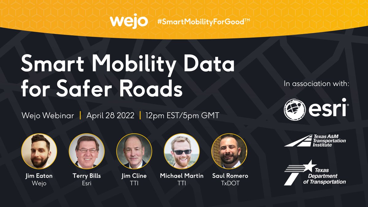 EsriPartners's tweet image. Wejo @wejoHQ Webinar: Smart Mobility for Safer Roads  with @Esri, The Texas Department of Transportation @TxDOT &amp;amp; Texas A&amp;amp;M Transportation Institute @TTITAMU. Learn how to curb crashes &amp;amp; reduce fatalities #EsriPartner
👇
April 28 at 12 PM EST / 5 PM BST 

esri.social/IVk750IJRVM