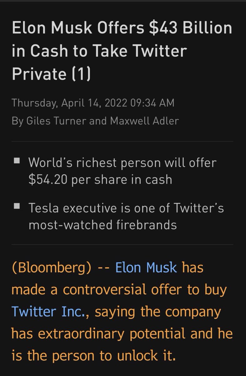 Elon offers to buy Twitter for 43 billion dollar… the simulation is crazy.

 “The billionaire issued a surprise offer to buy 100% of Twitter at $54.20 per share – a number that just happens to include a “420” reference to pot smoking.” 

Love @ElonMusk 🤣