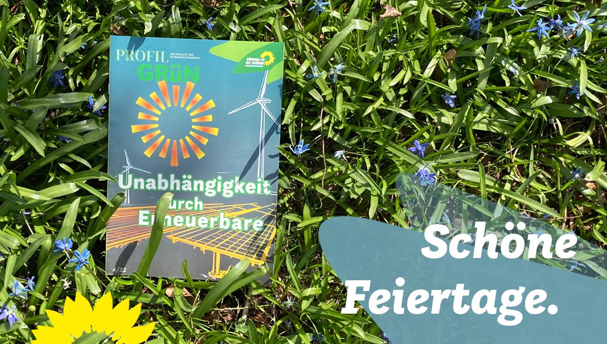 Auf dem Bild ist die neue Ausgabe des Grünen Fraktionsmagazins profil:GRÜN zu sehen. Das Heft liegt in einer Frühlingswiese. In der rechten unteren Ecke steht: Schöne Feiertage.