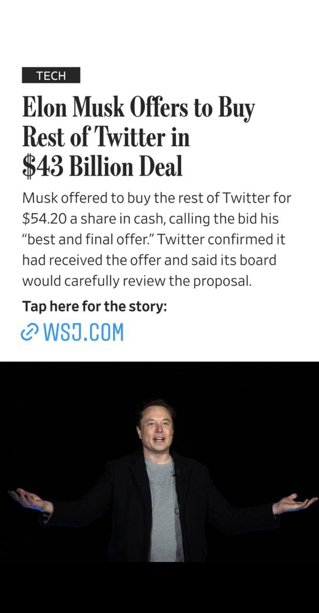 NiceShipping's tweet photo. This is the best offer Twitter will probably ever get. Considering twitters market cap for the past 5 years this is a very generous offer. If Twitter Denies his offer Elon Musk is going to reconsider his position as a shareholder, that’s not good for the stock at all!  @elonmusk https://t.co/BxRpJMMUzJ