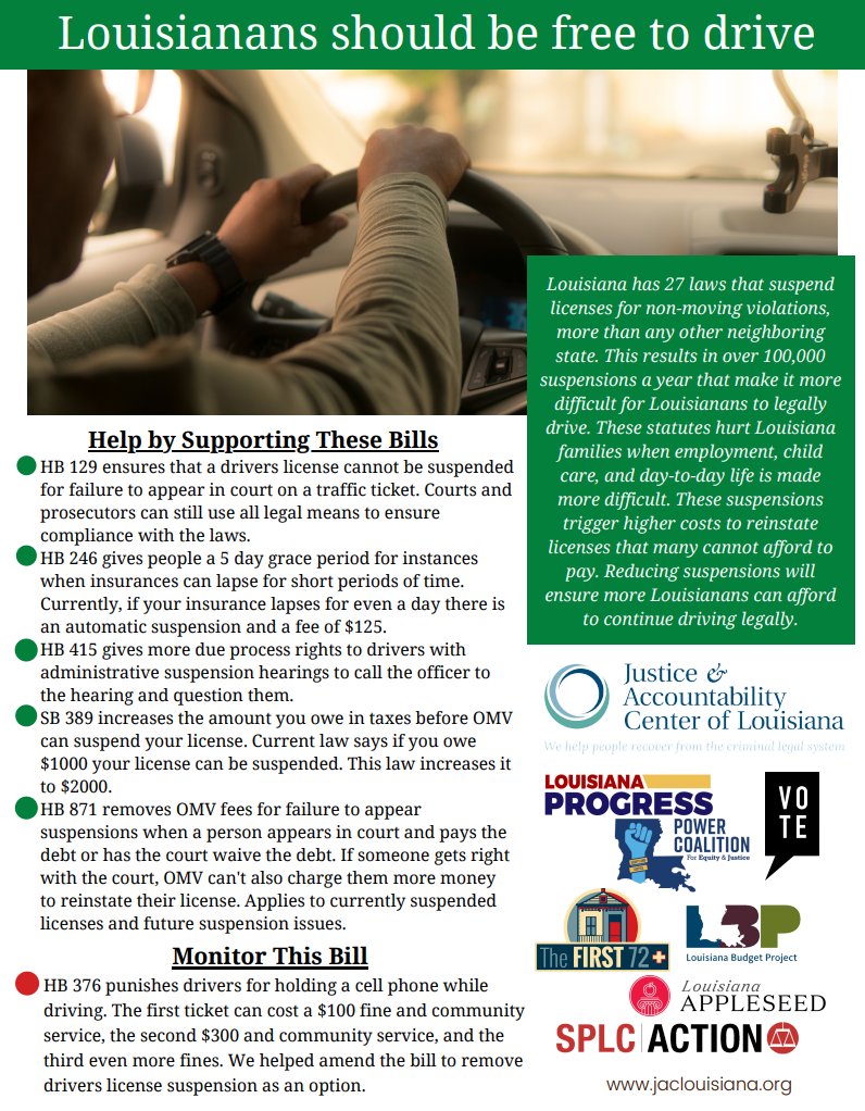 JacLouisiana's tweet photo. 2) HB 129 was deferred yesterday, so watch for it next week! #DriversLicense #FreeToDrive #Louisiana #lalege #lagove @LAProgressAct @La_Appleseed @FinesandFeesJC @PowerCoEJ @FIPVOTENOLA @First72Plus @splcaction @LABudgetProject https://t.co/EXVXQrqDns