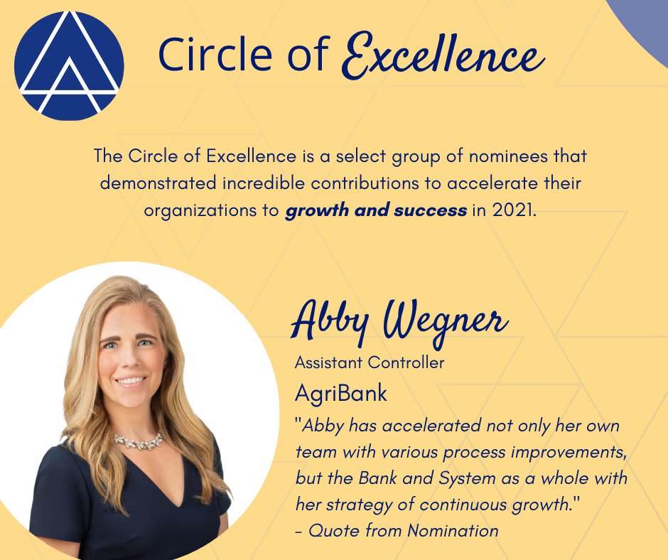 FCCSConsulting's tweet photo. Congratulations to Abby Wegner, Assistant Controller at AgriBank, who has been chosen as one of The Circle of Excellence winners! 
#CircleofExcellence #AcceleratoroftheYear2021 #AccelerateCenter https://t.co/cYq4Y1ON4o