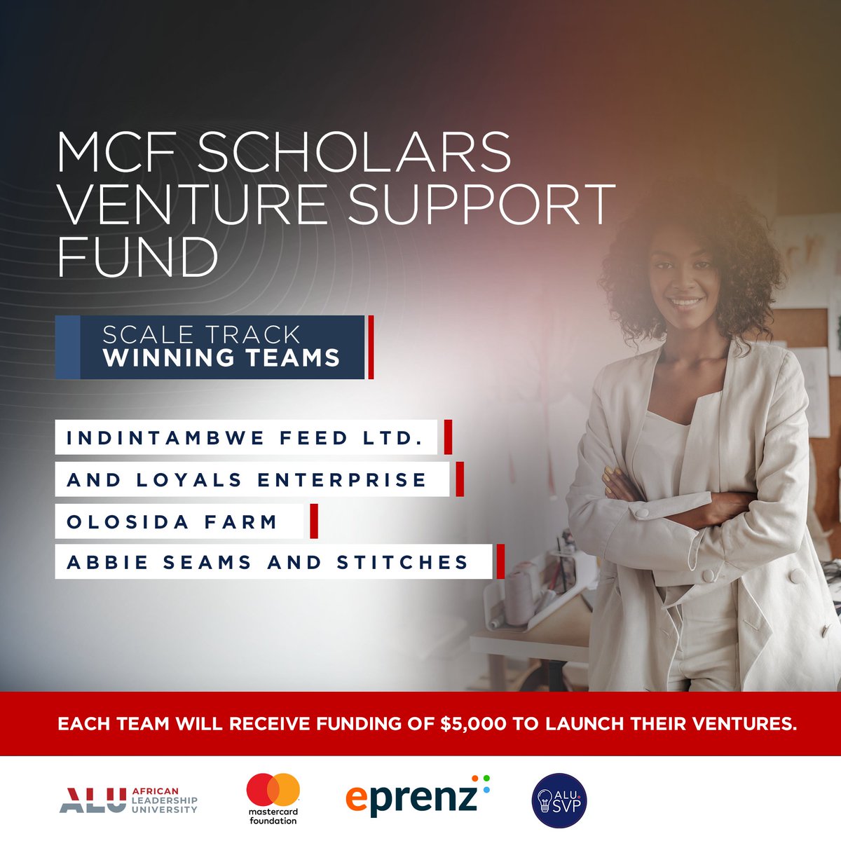 alueducation's tweet photo. Drumrolls🥁please...Congratulations to the winners of the Mastercard Foundation Scholars Venture Support Fund (MCFSVSF).
Each team will be awarded the sum of $5,000 to either launch or scale their ventures. We are so proud of their achievement👏
#StudyAtALU #MCFSVSF #ALUSVP https://t.co/EPzWIsNcWl