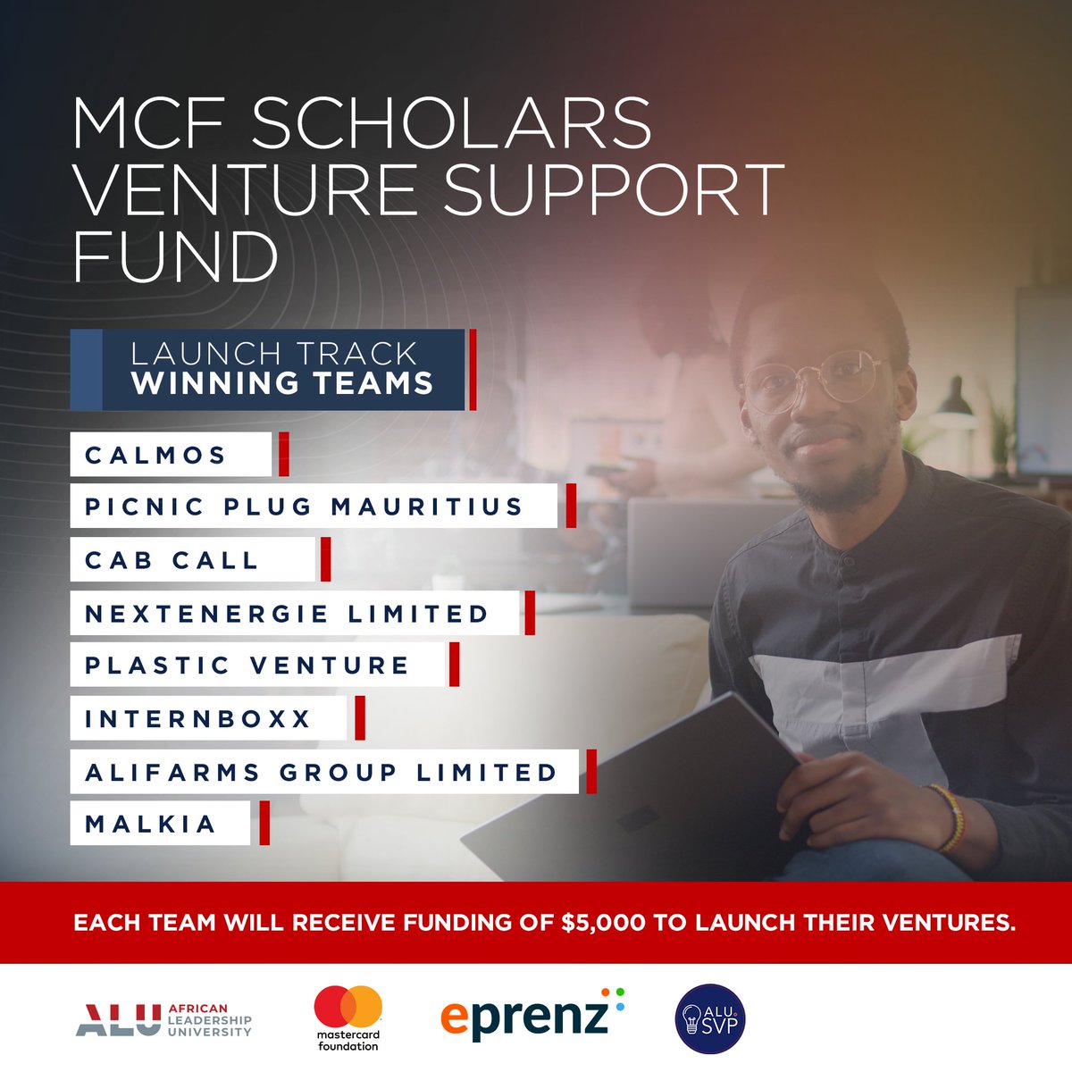 alueducation's tweet photo. Drumrolls🥁please...Congratulations to the winners of the Mastercard Foundation Scholars Venture Support Fund (MCFSVSF).
Each team will be awarded the sum of $5,000 to either launch or scale their ventures. We are so proud of their achievement👏
#StudyAtALU #MCFSVSF #ALUSVP https://t.co/EPzWIsNcWl