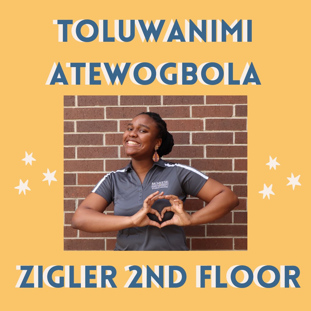 McNeeseResLife's tweet photo. ✨RA spotlight: Toluwanimi Atewogbola✨
Nimi is from Lagos, Nigeria. Being an RA has taught her that loving, helping, and caring for others is an excellent way of life. Nimi is our most joyful RA, and her presence brings happiness into the office! We appreciate you, Nimi! ✨💝 https://t.co/oXqognXjjI