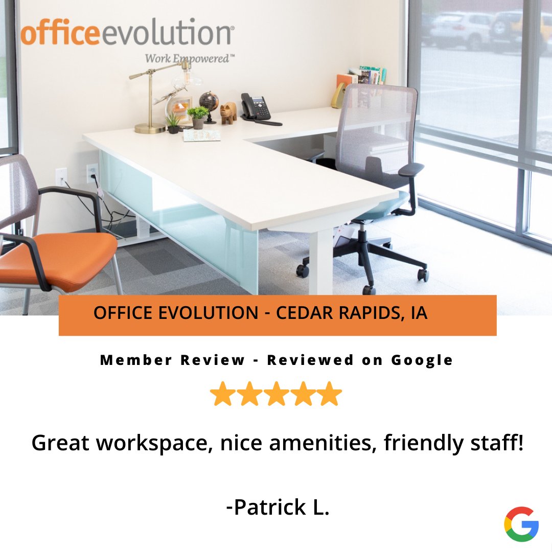 OfficeRapids's tweet photo. Thank you Patrick for the 5 star review!

#GoogleReview #5Stars #OfficeEvolution #CedarRapids #Coworking #SharedWorkspace #PrivateOffice #ConferenceRoom https://t.co/2OaQJyJKSW