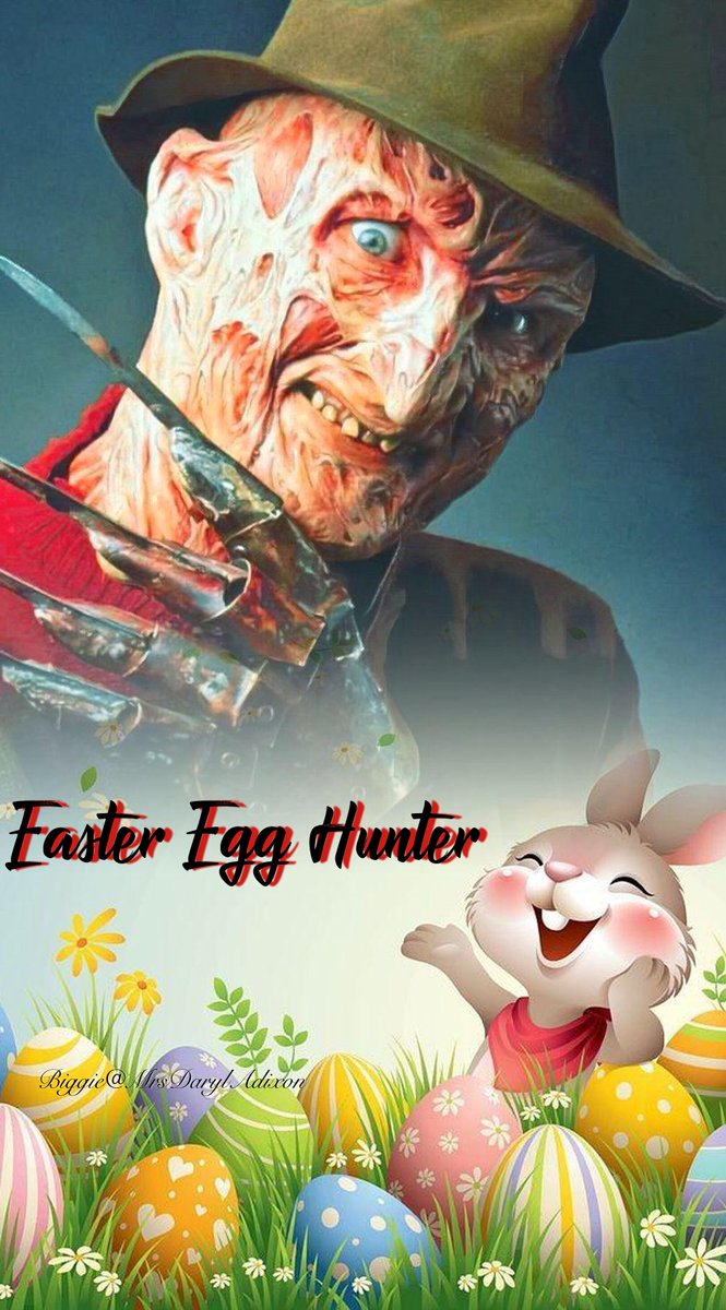 MrsDarylAdixon's tweet photo. Who are your fave Easter egg hunters? 🐰😊
Here are mine... 
#FreddyKrueger 🥚 
#MichaelMyers 🥚
#JasonVoorhees 🥚
#Pinhead 🥚
#HorrorFam #metalfamily #MutantFam #HorrorMovies #bizarreedits #darkart #Easter #EggHunt2022 https://t.co/g34g4hfcyK