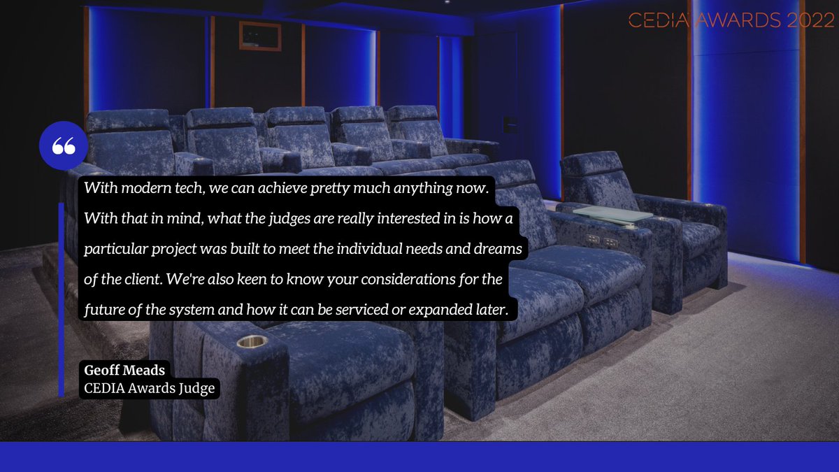 Looking for a tip from a <a href="/CEDIA/">CEDIA</a>  Awards Judge on how to make your project stand out? 

Geoff Meads shares some insights from the judging table. Make sure to get your entry in ASAP--the deadline is coming up next week on April 22nd! 

Begin now at cedia.awardsplatform.com.