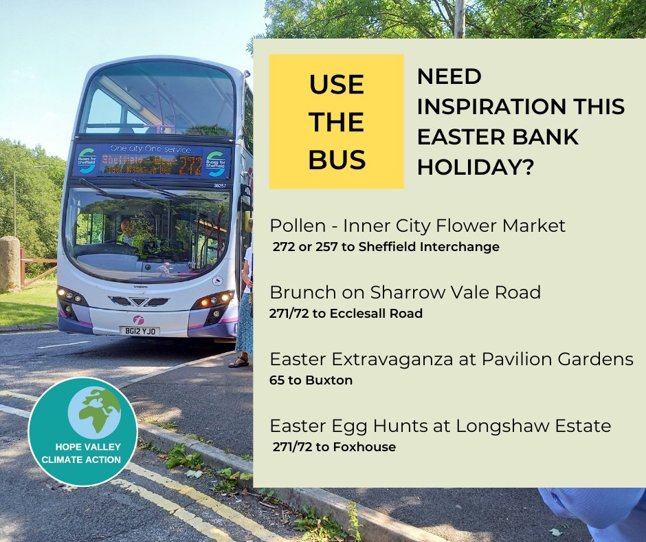 HopeClimate's tweet image. Stuck for ideas this Easter weekend? Why not try taking the bus?
To find your local bus service go to  derbysbus.info 
or phone   01709 515151. #usethebus