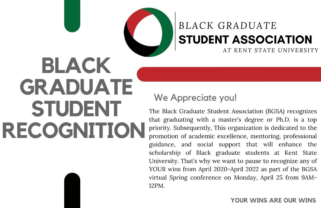 BGSA_Kent_State's tweet photo. BGSA is recognizing and appreciating Black graduate students with a small token for their work and achievements at the upcoming conference, to participate all requirements are posted below https://t.co/VujKlquNS6