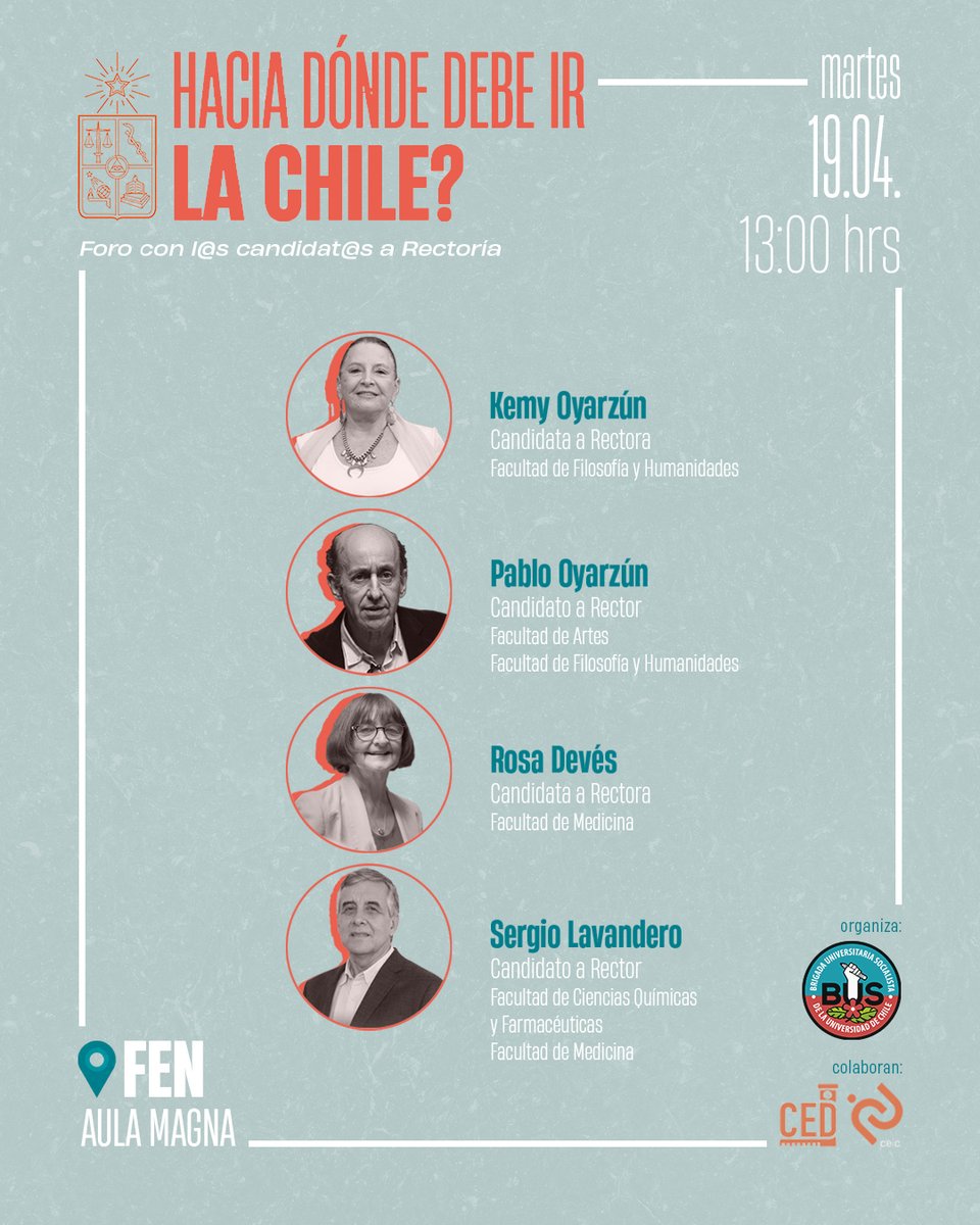 ¡Se viene nueva Rectoría en la @uchile! Y organizaremos un debate junto con nuestros queridos @ceic_uch y @ced_uchile 🤝
🗓 Martes 19 de abril
📍 Aula Magna de @fenuchile
⏰ 13:00
Busquemos nuevamente pensar y responder la pregunta: ¿qué rumbo debe tomar la Universidad de Chile?
