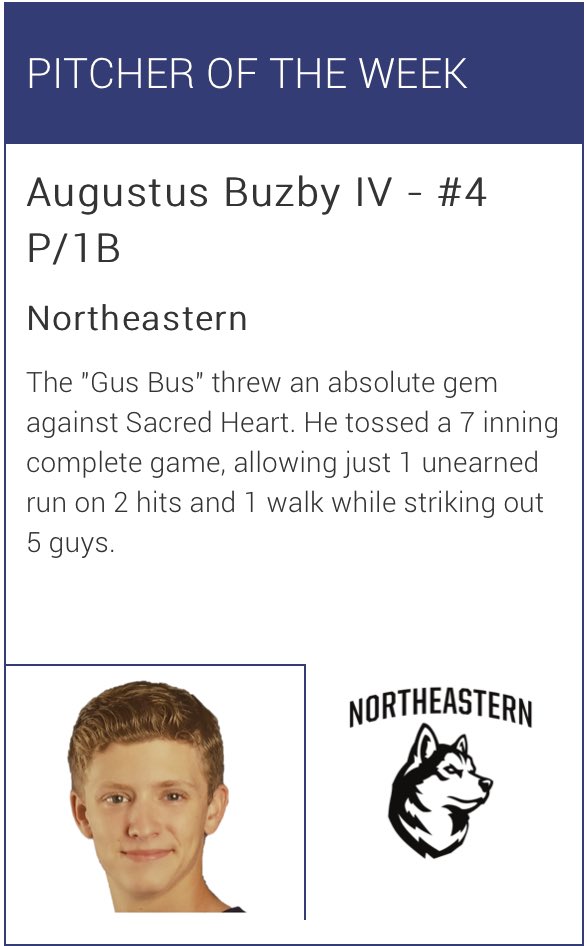 NEUClubBaseball's tweet photo. Huge congratulations to the players of the week this week in our conference! Never met these guys before but by the looks of things… they sound like real studs on the diamond! (Also Augustus Buzby IV out here instilling absolute fear into his opponents with that photo) https://t.co/FfoXvxwEn2