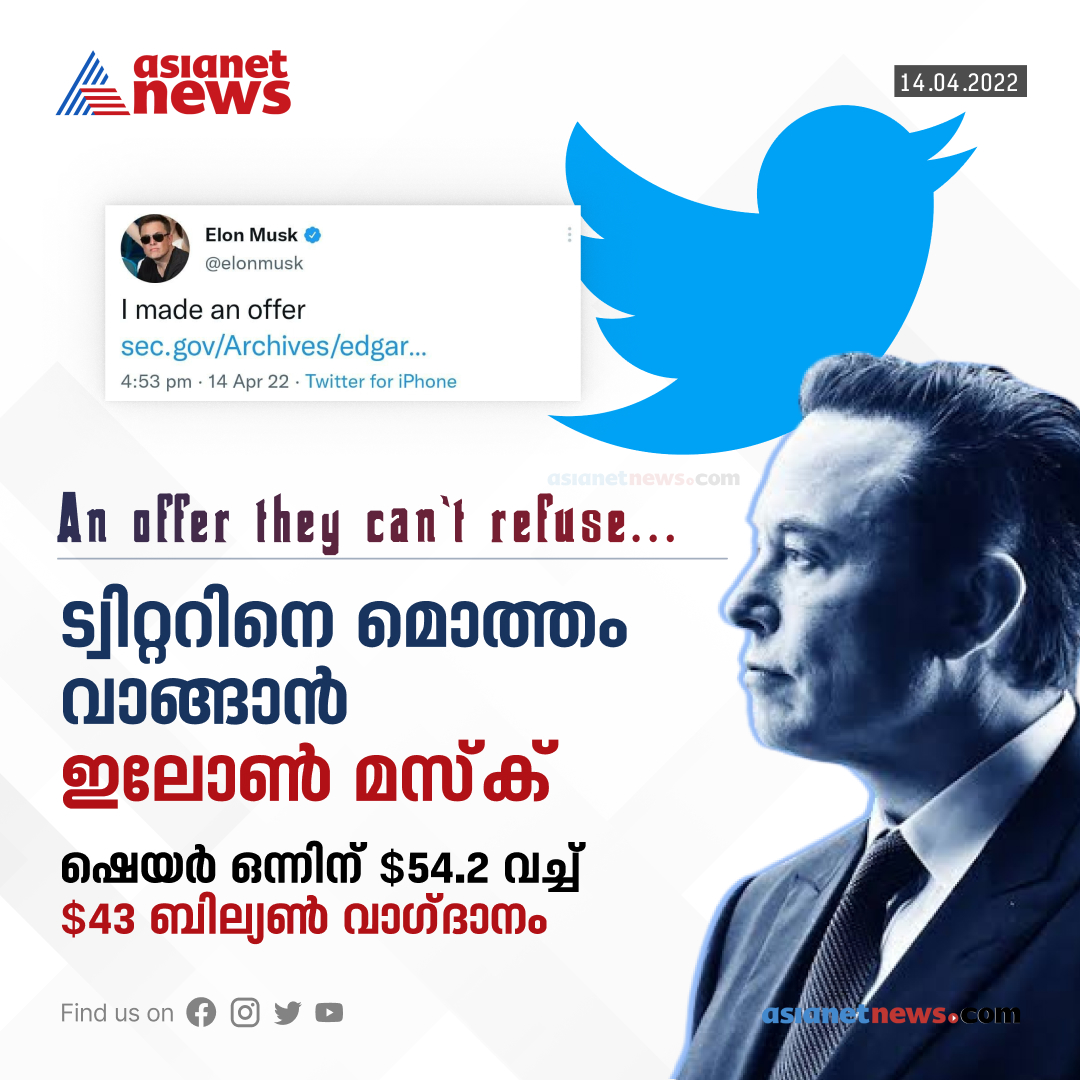 AsianetNewsML's tweet photo. ട്വിറ്ററിനെ മൊത്തം വാങ്ങാൻ ഇലോൺ മസ്ക്
#twitter #elonmusk #takeover #teslachief #offer #anoffertheycantrefuse #asianetnews https://t.co/A0lM9t6kMx
