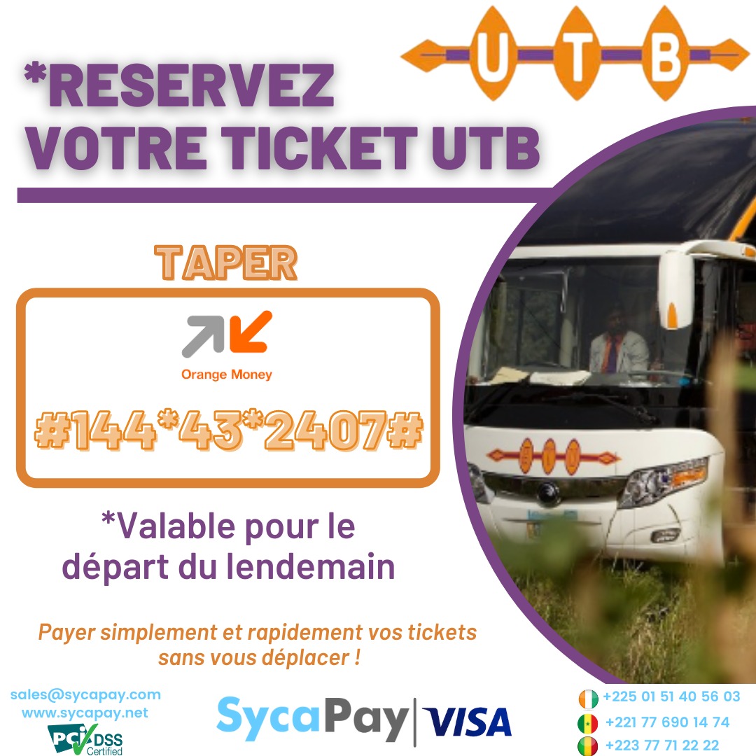 sycapay's tweet photo. Pour un Paquinou réussi, faites vos réservations UTB via mobile money pour le départ du lendemain. 
Payer simplement et rapidement vos tickets sans vous déplacer !
#Sycapay #UTB #orangemoney #Paquinou #voyage #réservation #mobilemoney https://t.co/4JykXQtw0o
