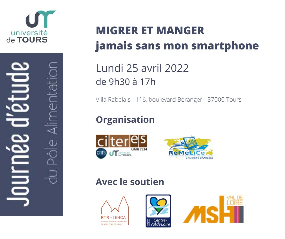 IEHCA_Network's tweet photo. ⭐️Journée d'étude⭐️
➡️#Migrer et #Manger, jamais sans mon smartphone
👉lundi 25 avril de 9h30 à 17h à la #VillaRabelais

@UnivTours @Univ_Orleans @CNRS @citeres7324 @RCValdeLoire @MSHValdeLoire #foodstudies https://t.co/tvzRdZmJ5U