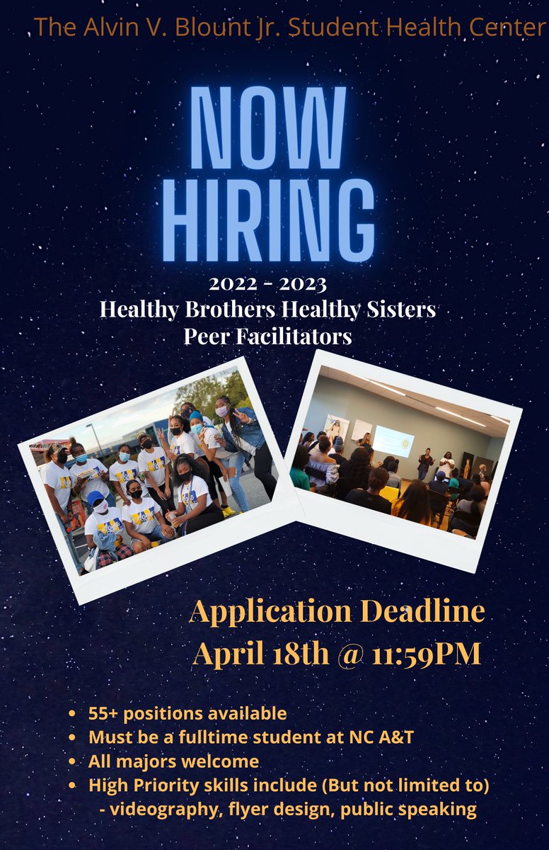 ncatshc's tweet photo. Hey Aggies! We're looking for 55+ highly motivated and reliable individuals to join our team for the 2022-2023 academic year. Applicants must meet university requirements for employment and have a GPA of 2.7 or higher.

Click the link in our bio to access the HBHS application. https://t.co/XTt8tFfoCS