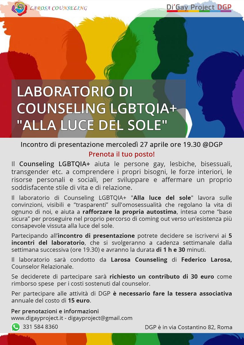 FedericoLarosa's tweet photo. #Digayproject @larosacounselor sta per partire il laboratorio di #counselinglgbt Scrivetemi per info! https://t.co/ZM8yVmOMsb