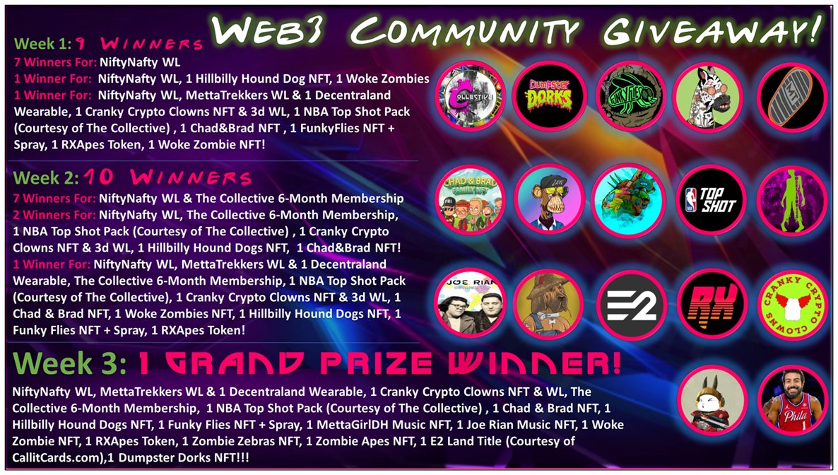 Let the Web3 Community #NFTGiveaways Begin!
To Enter: RT, ❤️ &amp; Follow ALL The Great Projects Involved! I will comment the projects ⬇️. W-1 winners will be drawn: 4/21 @ 9:00pm EST. Keep an 👁️ out 4 spotlight #NFT giveaways too! -Doc

#NFTGiveaway #NFTMusic #NFTCommunity #TopShot