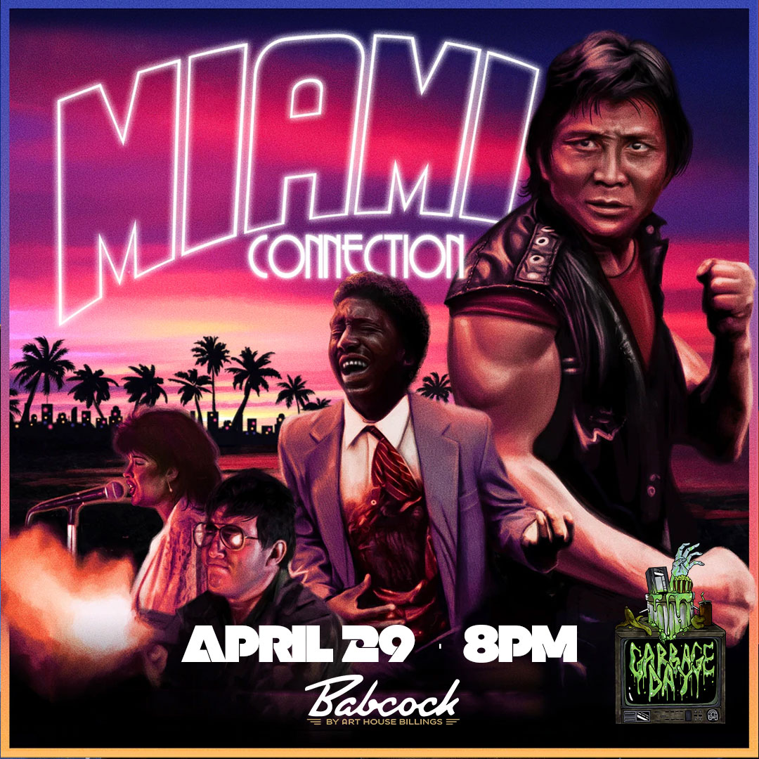 ArthouseCinemaP's tweet photo. A TERRIBLY TERRIFIC GEM!

The martial arts/motor-cross/musical action-adventure MIAMI CONNECTION is coming to the Babcock for Garbage Day! Dripping with cheese, this is a fun-filled failure, but an absolute blast to see on the big screen!

GET TICKETS
https://t.co/hBzYKPhKFf https://t.co/iyDlCevtAP