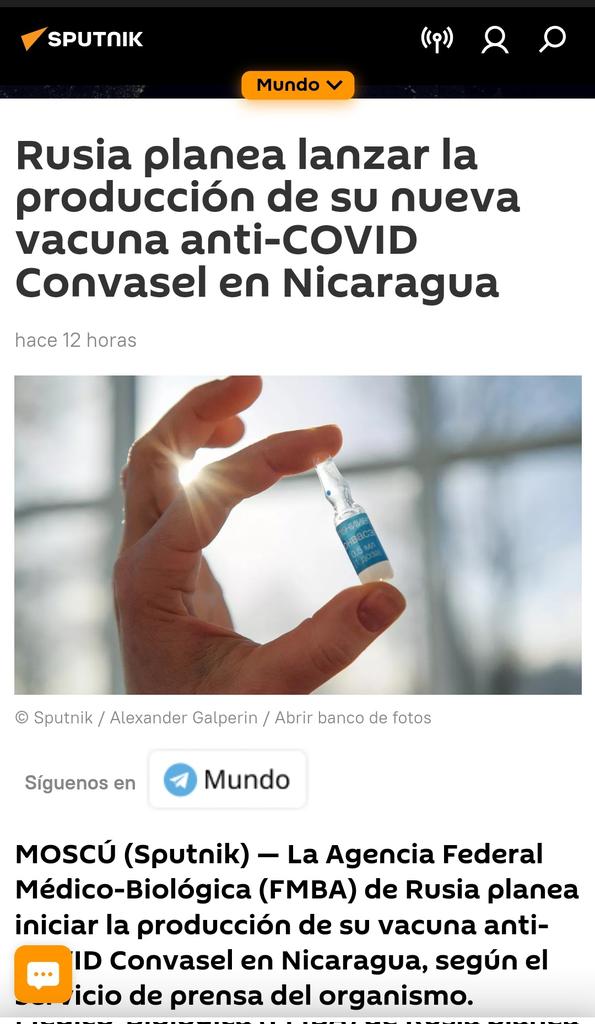 🔴 #Rusia: "Tenemos previsto comenzar a corto plazo a transferir las tecnologías para la producción de la vacuna Convasel a la plataforma del Instituto Latinoamericano de Biotecnología Mechnikov en #Nicaragua".