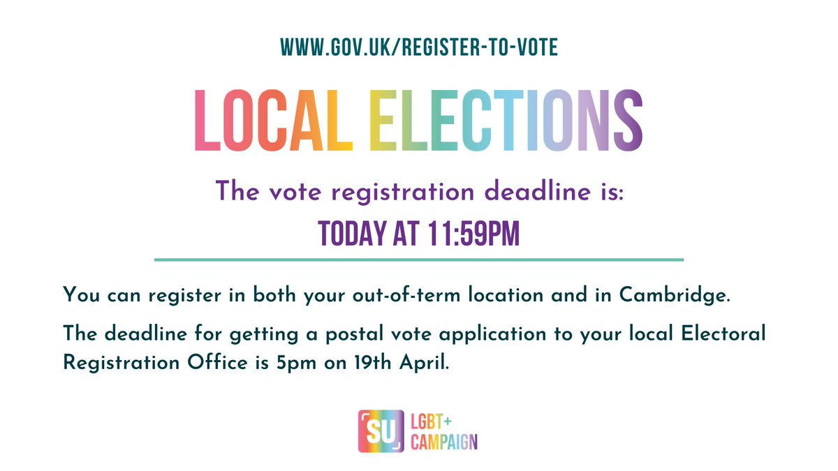 Register to vote by 11:59pm today to vote in the local elections!!! gov.uk/register-to-vo…

You can register in both your out-of-term location and your term-time location. For more information on postal votes, check this link: gov.uk/how-to-vote/po…