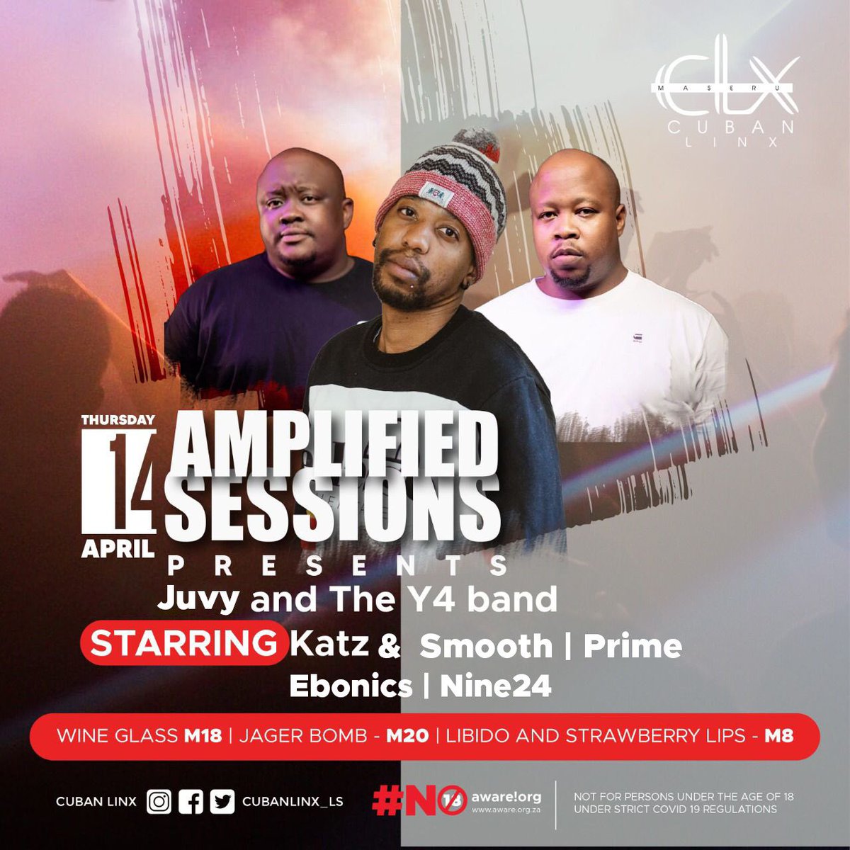 Catch our very own <a href="/Juvyoalepimpara/">Last Nomoro</a> to ease into the #EasterHolidays - Amplified Sessions presents Juvy and The Y4 Band, alongside king spinners <a href="/katz_smooth/">Katz&Smooth</a> • Prime • Ebonics • <a href="/Nine24_LS/">Ntate 24</a>  at <a href="/cubanlinx_ls/">#OneTimeForClx</a>