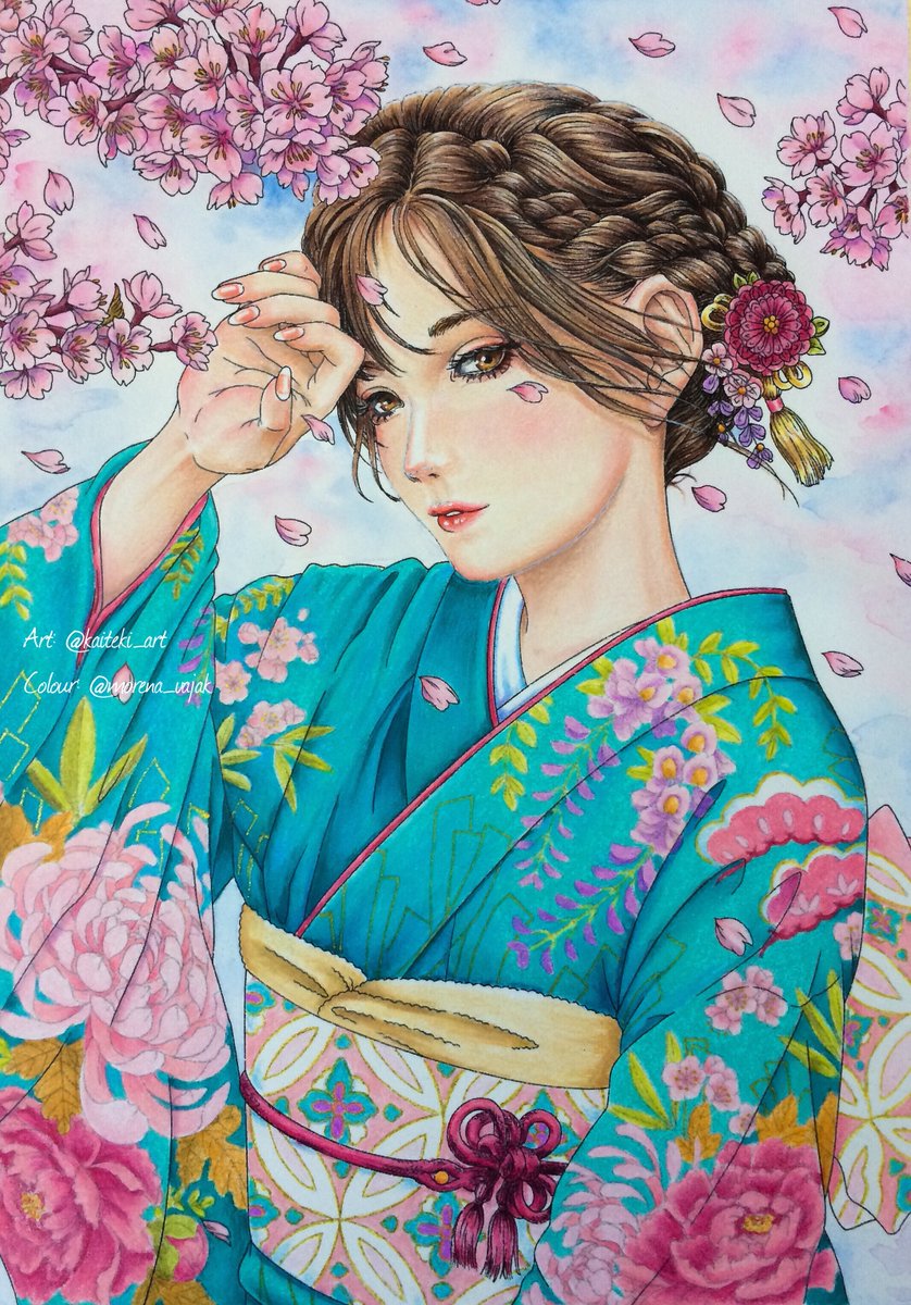 From <a href="/kaiteki_y/">kaiteki ART🎨 🖌快適アート</a> first colouring book (の塗り絵BOOK) 💙🌸🌸🌸 The kimono patterns were a very enjoyable challenge, too bad the photo isn't showing the gold bits. Watercolours and different pencils on Fabriano Studio Watercolor hotpress 👩🏻‍🎨🎨✏️