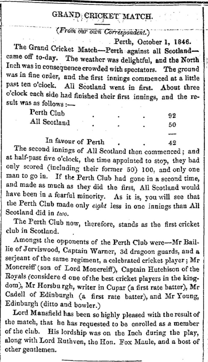 ScottyCricket's tweet photo. #Season1846 #PerthCC v #AllScotland #NorthInch 
Note the letter the following week identifying that All Scotland would have been All @GrangeCC but to make up the numbers two soldiers from Edinburgh Garrison stood in. 
#PerthCC in error claiming to be Scotland’s first club 🏏 https://t.co/HYYSIJwwZ6