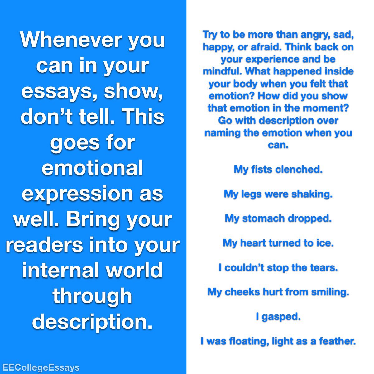 More advice on sharing emotions in your essays. You’ll see “show, don’t tell” everywhere you seek essay guidance. That maxim stands for talking about emotions as well.#collegeessays #collegeessay #essaycoach #applicationessays #collegeapplications #showdonttell