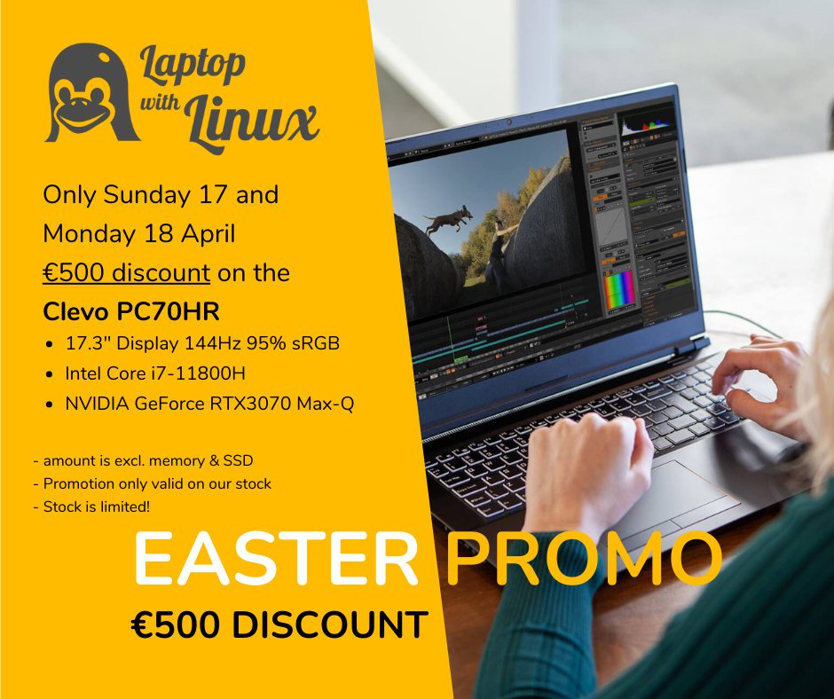 laptopwithlinux's tweet photo. Looking for the ultimate laptop? Are you only satisfied with the highest performance? Then this beast might be on your desk after the Easter holidays: The 17.3" Clevo PC70HR laptop, with 11th gen. Intel Core i7 CPU and Nvidia RTX-3070 graphics. Only during Easter €500 discount! https://t.co/00RwidKSZp