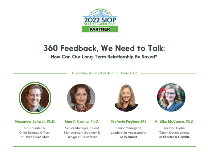 rhabitapp's tweet photo. Attending #SIOP22? Don't forget to mark your calendar for Thursday, April 28th at 4 pm PST!

Join @AlSchwall alongside Irina Cozma, Ph.D., Stefanie Pugliese, and Silke McCance for "360 Feedback, We Need to Talk: How Can Our Long Term Relationship Be Saved?".

#IOPsych #SIOP https://t.co/3JJuEUp21M