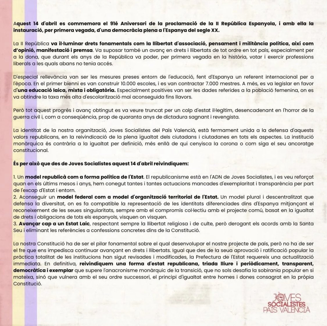 JSCosteraCanal's tweet image. ❤️💛💜 Manifest pel dia de la Commemoració de la Proclamació de la II República.

#ConstruirRepública
#14Abril