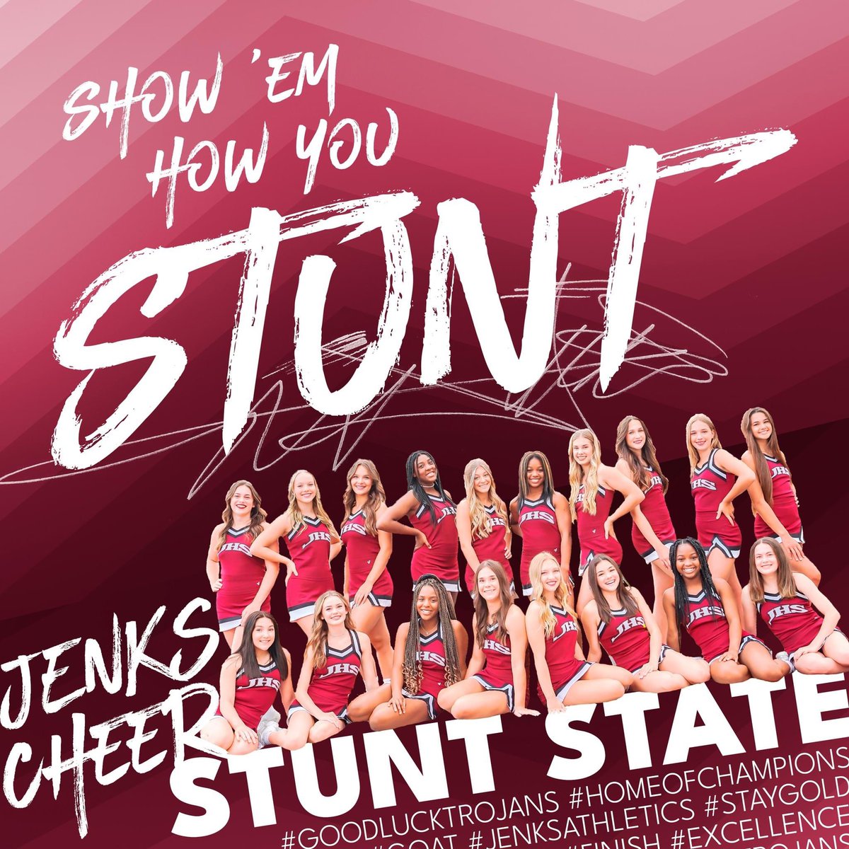 JHSPTAG's tweet photo. GOOD LUCK TO JENKS VARSITY CHEER as they compete at Stunt STATE! If you have never been to stunt games it is pretty cool. It is set up like a football game with 4 quarters and winners of each quarter. HIT THOSE STUNTS TROJANS! 🙂 photo cred Jenks Athletics https://t.co/HXCy0rwAtR