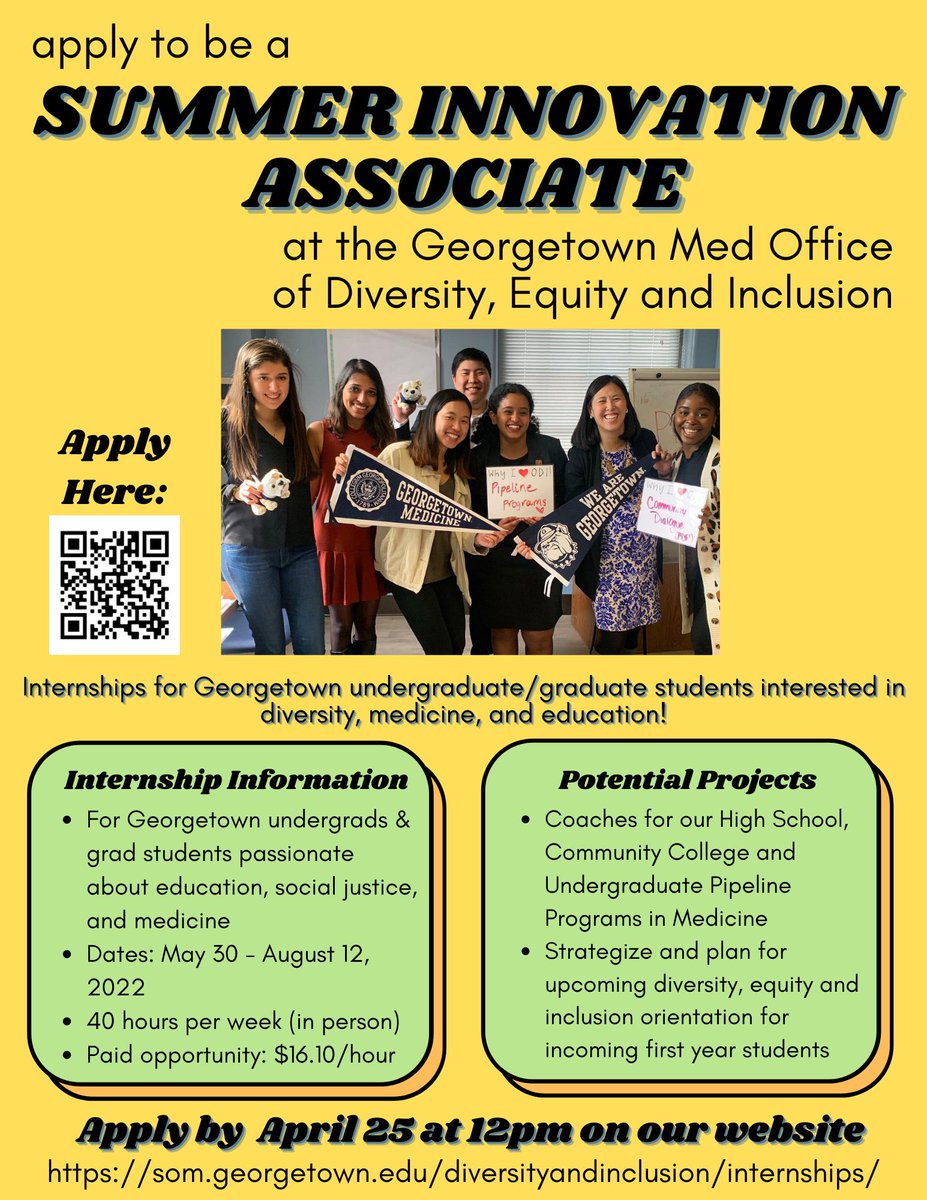 GUSOM ODEI is looking to hire up to 7 Georgetown undergraduate/graduate students for our Summer Pre-med Pipeline Coaches. Please take a look at our flyer below for more information about this opportunity. Applications are due April 25, please apply here: forms.gle/mSuTzdEZKZSx3E…