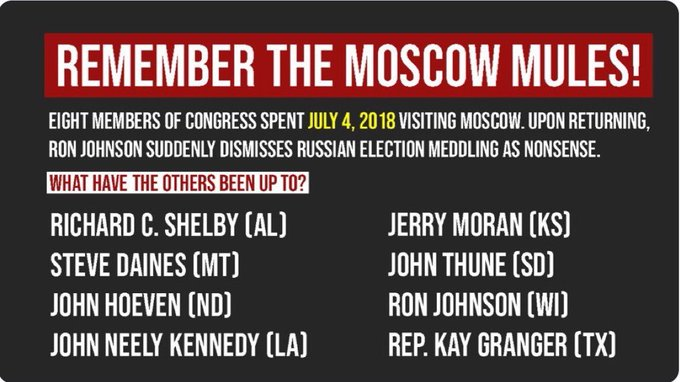 Joanhussey1's tweet photo. Five of the Eight Moscow Mules are up for re-election this year, and we must send those mules packing.
John Hoeven ND
John N. Kennedy LA
Jerry Moran KS
John Thune SD
Ron Johnson WI
Make it a Blue sweep and #CleanUpTheSenate #DemVoice1 #GOTV https://t.co/jWnWQMLHEv