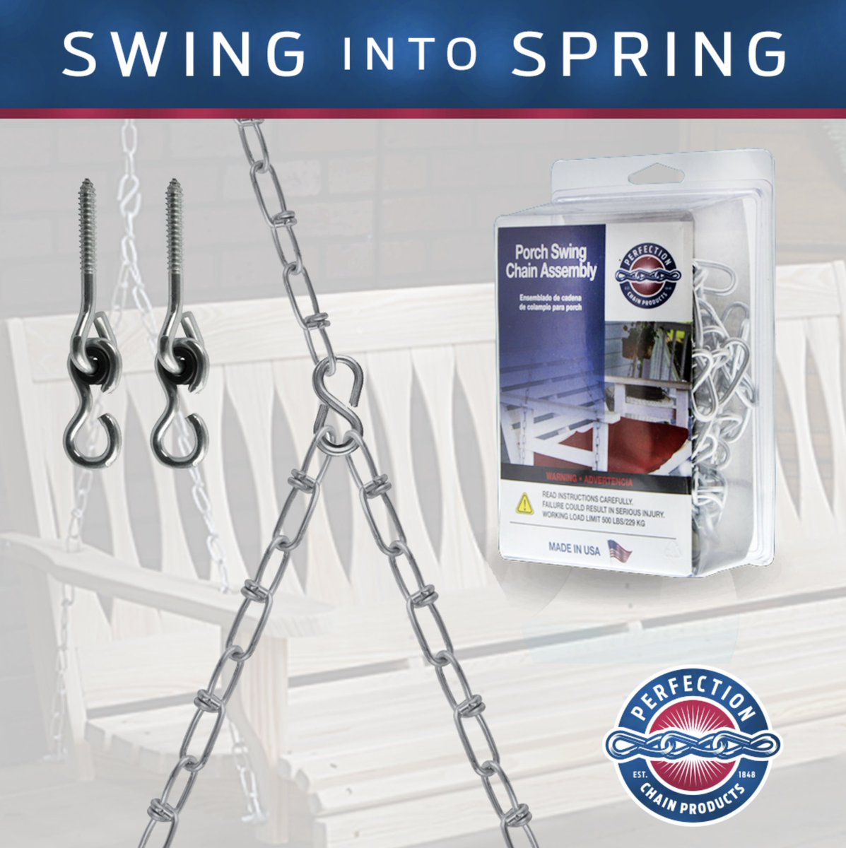 It's time to Swing Into Spring! We carry pre-packaged Porch Swing Set Kits! These kits come with 2 deluxe ceiling hooks and 2 "Y" type assemblies using Double Loop Chain connected with an S-Hook. Request your quote today: bit.ly/3rrkd5o

#chains #fasteners #manufacturing